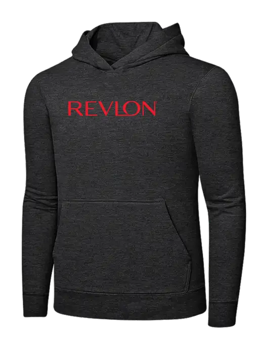 Dark Heather Grey 7.8 oz Ring Spun Hooded Sweatshirt w/Revlon Logo