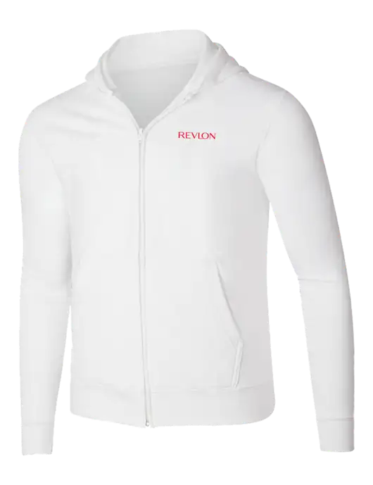 White 8.5 oz Ring Spun Zip Hooded Sweatshirt w/Revlon Logo