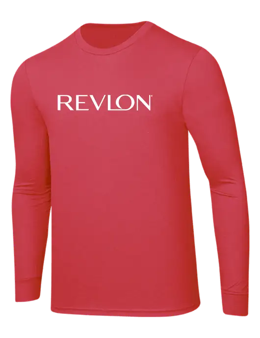 Simply Soft Long Sleeve Red Frost 4.5 oz, Poly/Combed Ring Spun Cotton T-Shirt w/Revlon Logo