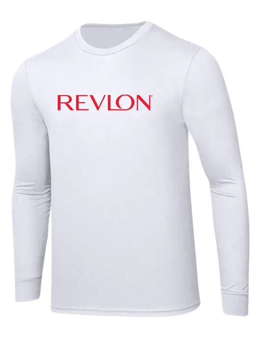 Simply Soft Long Sleeve White 4.5 oz, Poly/Combed Ring Spun Cotton T-Shirt w/Revlon Logo