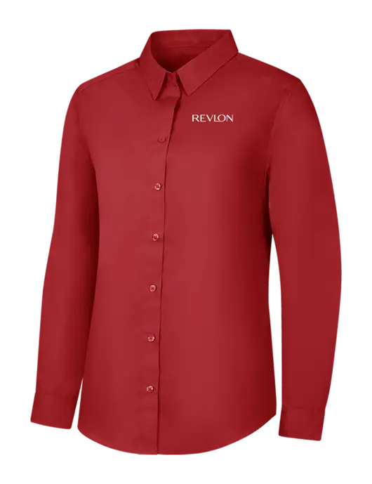 Womens Rich Red  Long Sleeve Carefree Poplin Shirt w/Revlon Logo