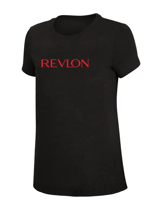Womens Simply Soft Black 4.5oz Poly/Combed Ring Spun Cotton T-Shirt w/Revlon Logo