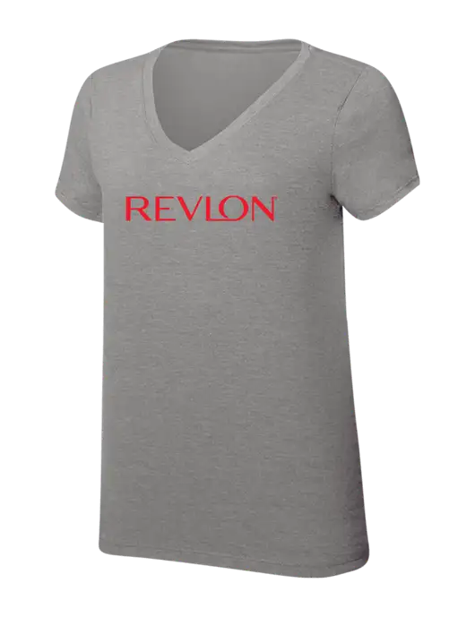 Womens Simply Soft V-Neck Grey Frost 4.5oz  Poly/Combed Ring Spun Cotton T-Shirt w/Revlon Logo
