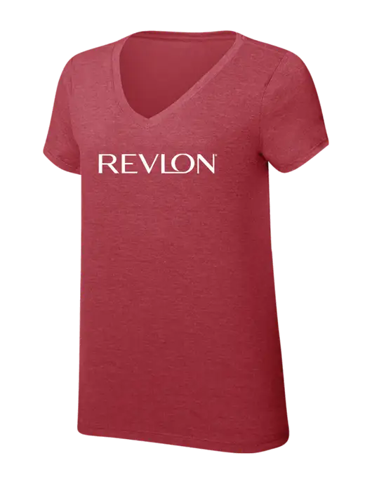 Womens Simply Soft V-Neck Red Frost 4.5oz  Poly/Combed Ring Spun Cotton T-Shirt w/Revlon Logo