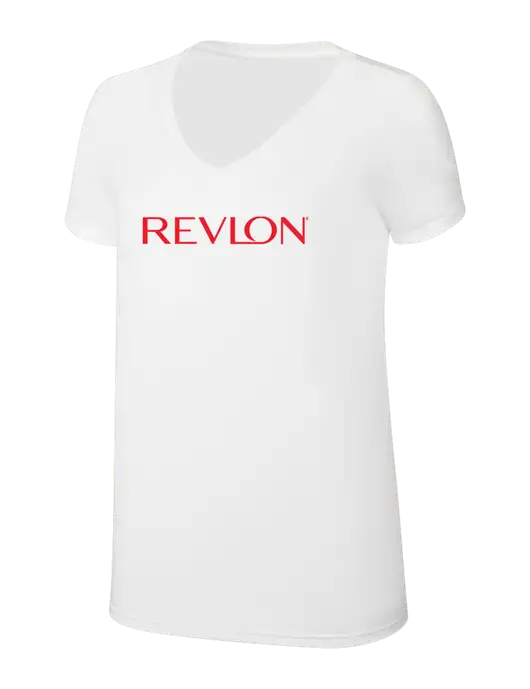 Womens Simply Soft V-Neck White 4.5oz  Poly/Combed Ring Spun Cotton T-Shirt w/Revlon Logo