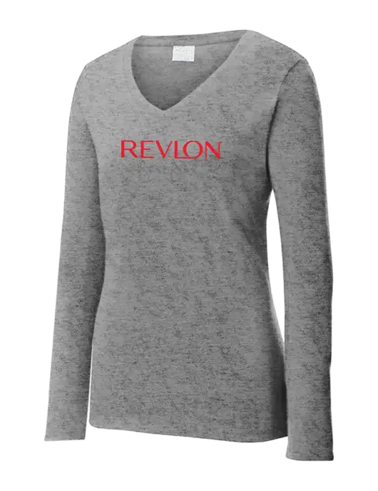 Womens  V-Neck Ring Spun Grey Heather 4.5 oz Long Sleeve T-Shirt w/Revlon Logo