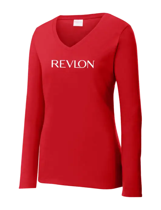 Womens  V-Neck Ring Spun Bright Red 4.5 oz Long Sleeve T-Shirt w/Revlon Logo