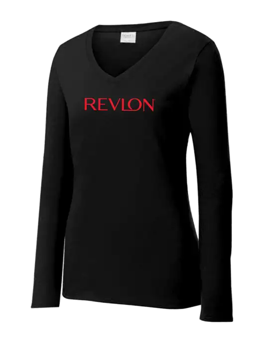 Womens V-Neck Ring Spun Jet Black 4.5 oz Long Sleeve T-Shirt w/Revlon Logo