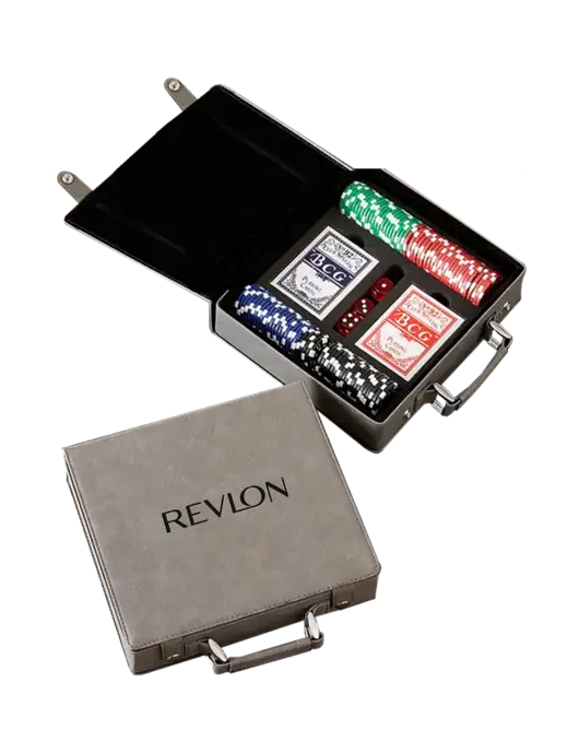 Grey Leatherette 100 Chip Poker Set w/Revlon Logo