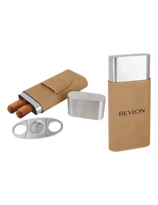 Tan Leatherette Cigar Case with Cutter w/Revlon Logo