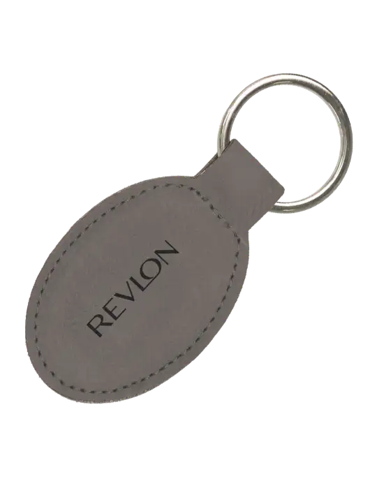 Grey Leatherette Oval Keychain w/Revlon Logo
