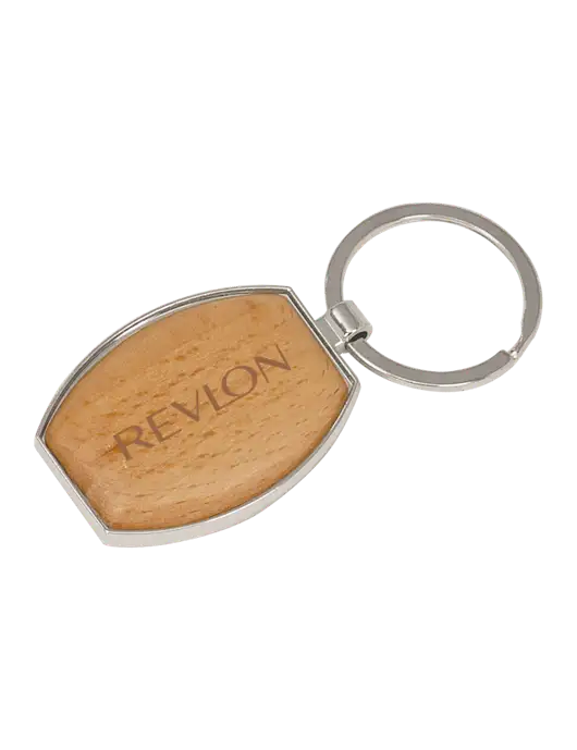 Wood & Silver Oval Keychain w/Revlon Logo